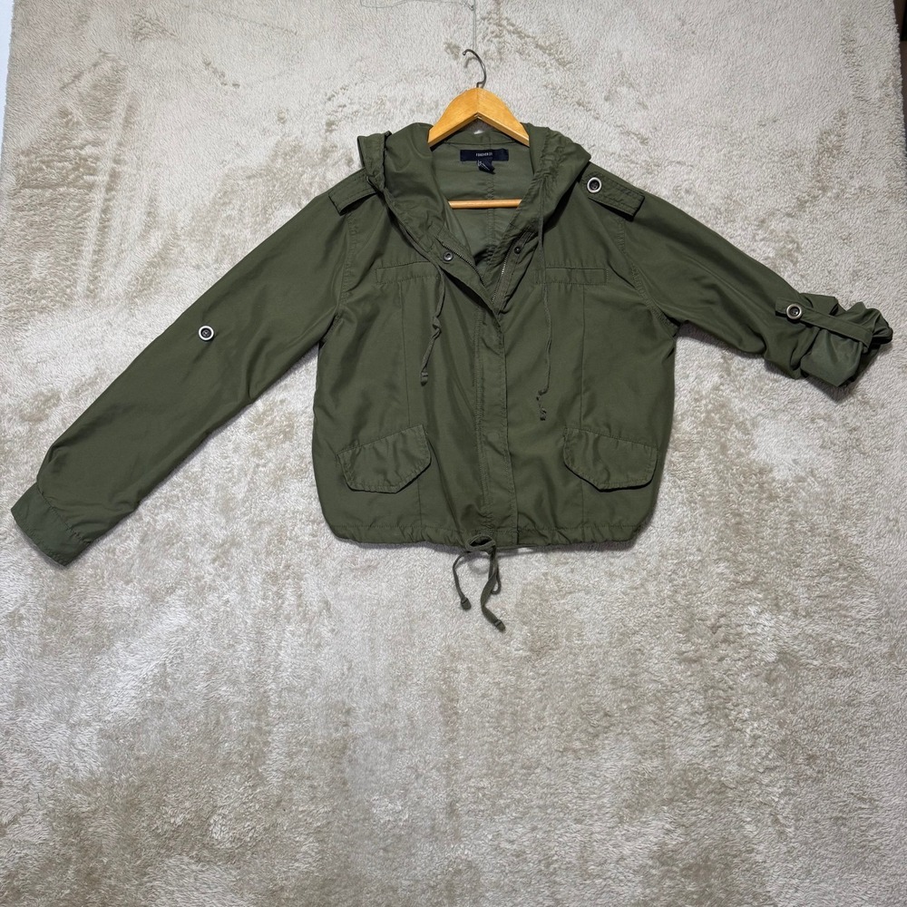 Forever 21 Utility Jacket Womens XS Olive Green Hooded Roll Tab Military Coat - Picture 2 of 13